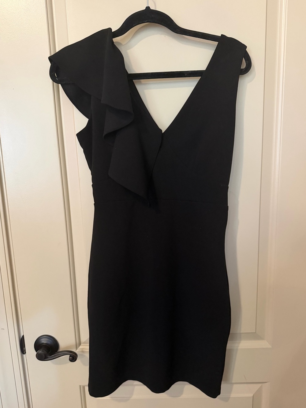 Lulu’s Little Black Dress Double V Neck One Side Ruffle Form Fitting